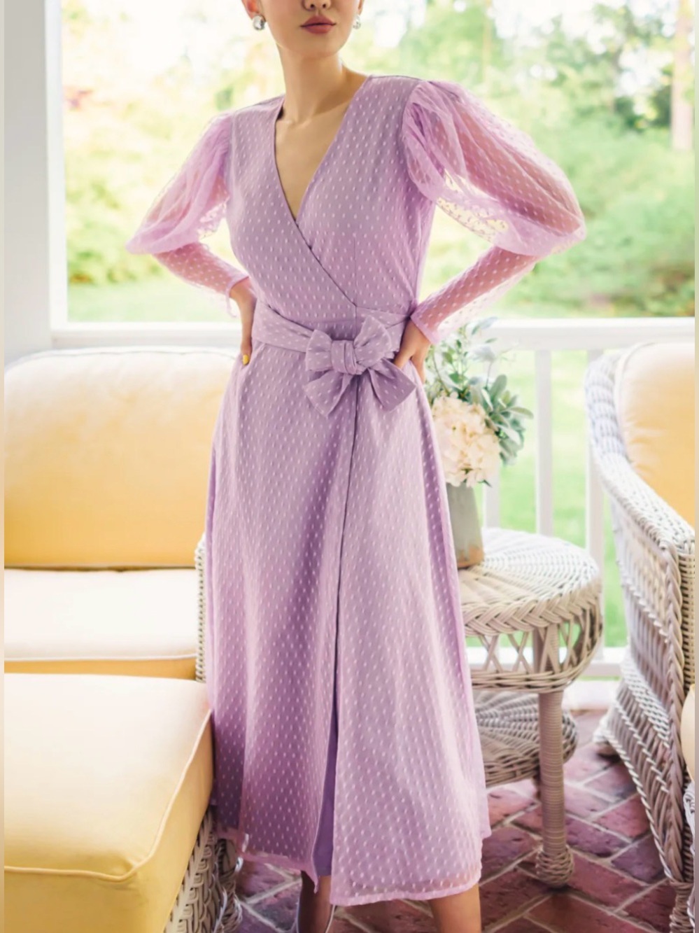 Jessica Wang The Drop Lilac Lavendula Feminine Swiss Dot Puff Sleeve Wrap Dress